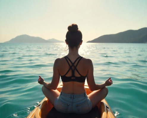 Mujer meditando sobre un kayak en aguas tranquilas de Palm-Mar, Tenerife